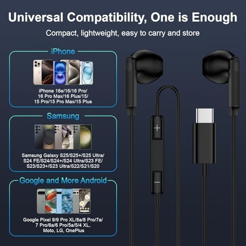 Premium USB-C Wired Earbuds for Samsung Galaxy S Series & i Phone 16 – Unrivaled Sound Clarity, Ergonomic Comfort, and Extensive Device Compatibility – Dual Pack for Enhanced Listening Experience