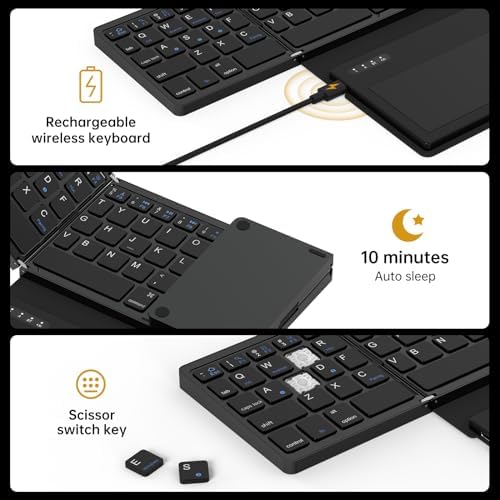MOSHOU Portable Foldable Wireless Keyboard with Touchpad – Full-Size Rechargeable Bluetooth Keyboard for Effortless Typing Across Windows, i OS, Android, and Mac – Ultimate Travel Companion for Mobile Professionals and Tech Enthusiasts