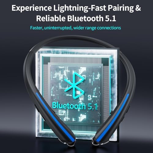 Elevate Your Active Lifestyle with Retractable Bluetooth Neckband Headphones – IPX5 Sweatproof Earbuds Featuring Noise Cancelling Technology, Vibration Alerts, and Built-in Microphone for Ultimate Hands-Free Convenience During Sports and Workouts (Black Blue) – Unmatched Performance and Compatibility for Audiophiles on the Go