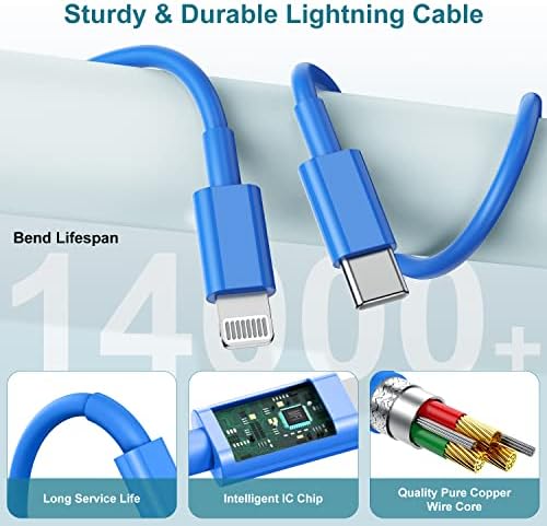 MFi Certified 20 W USB-C to Lightning Fast Charger for i Phone 14/13/12 – 6 FT Durable Cable & Power Delivery Block in Stylish Blue – Ultimate Solution for Rapid Charging of All Apple Devices Including i Pad Pro, XS, XR, 8 Plus – Optimized for Reliability and Speed
