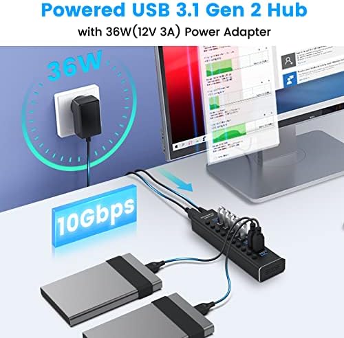 Maximize Your Connectivity with the Rosonway 10-Port Powered USB Hub – Fast 10 Gbps Data Transfer, 36 W Power Adapter, Type A & C Compatibility, Sleek Aluminum Design for PC & Laptop Efficiency