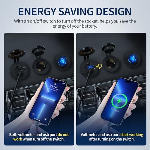 Daier Tek 12 V USB C Car Charger Socket – High-Speed 48 W PD & QC 3.0 – Waterproof Dual USB Outlet with Voltmeter & Energy-Saving ON/OFF Switch for Cars, Boats, and Golf Carts – 3 Pack for Versatile Installation and Enhanced Device Protection