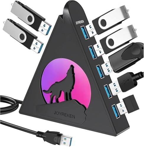Elevate Your Connectivity Game with the Joy Reken 7-Port USB 3.0 Hub – High-Speed Data Transfer, Vertical Design with RGB Lighting, Ideal for PC, Mac, Laptop, PS5, Xbox, and More – 5 Gbps Performance with 2 FT Extension Cable for Optimal Placement and Style