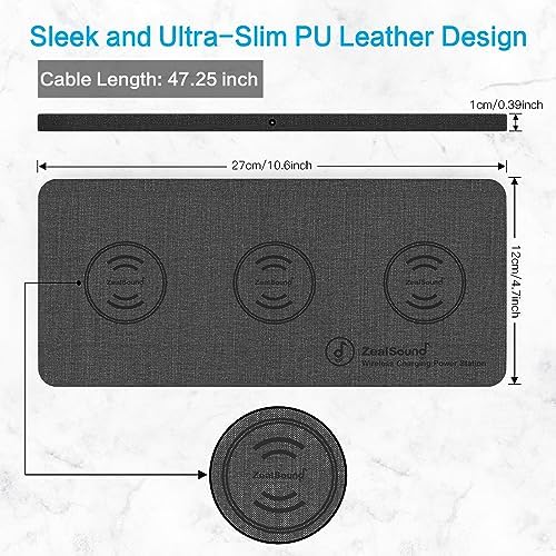 Zeal Sound Ultra-Slim Triple Wireless Charging Hub – Fast, Elegant PU Leather Charger Pad for Smartphones, Air Pods & Qi-Compatible Devices – Non-Slip Design with AC Adapter for Home & Office Efficiency