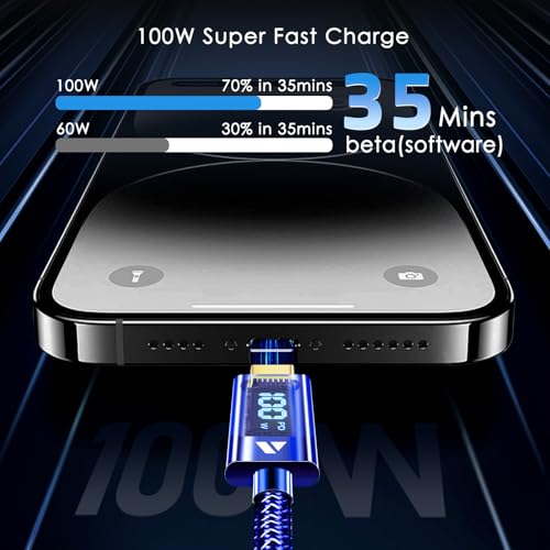 SUPERV 6.6 ft Type C Fast Charging Cable – Premium Nylon Braided USB C Charger with 100 W Power Delivery, High-Speed 480 Mbps Data Transfer, and LED Charging Status Indicator – Ideal for Laptops, Smartphones, and Tablets