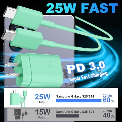 25 W Ultra-Fast Samsung Charger with 6.6 FT USB-C Cable | Rapid Charging Solution for Galaxy S25/S24/S23/S22/S21/Note Series | High-Speed Performance & Safety Features for On-the-Go Users | Ideal for Travel & Everyday Use | Boost Your Device’s Battery Life Effortlessly