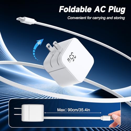 Ultimate 35 W Dual USB-C Charger with Retractable Cable – Fast Power Delivery for i Phone 16/15 Pro Max & Samsung Galaxy – Travel-Friendly 35.4-Inch Tangle-Free Design – Essential Charging Solution for Professionals and Mobile Users Seeking Efficiency