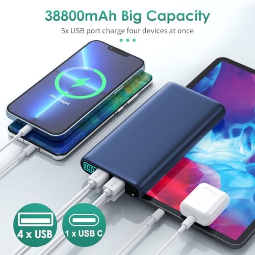 High-Capacity 38800 m Ah Portable Power Bank with LCD Display – Multi-Device Charger Featuring 5 USB Outputs and USB-C Connectivity for Fast Charging – Ideal for i Phone 16/15/14/13 Pro, Samsung Galaxy, Pixel, and Nexus – Ultimate On-the-Go Charging Solution in Blue