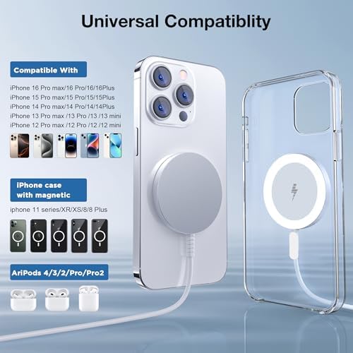Magnetic Wireless Charging Pad for i Phone 16, 15, 14, 13, 12 & Air Pods 4-2 Pro – Ultra-Thin Aluminum Alloy Design with Strong Magnet for Secure Connection, USB-C/A Compatibility, Perfect for Desk & Travel – Elevate Your Charging Experience with Effortless Convenience and Style