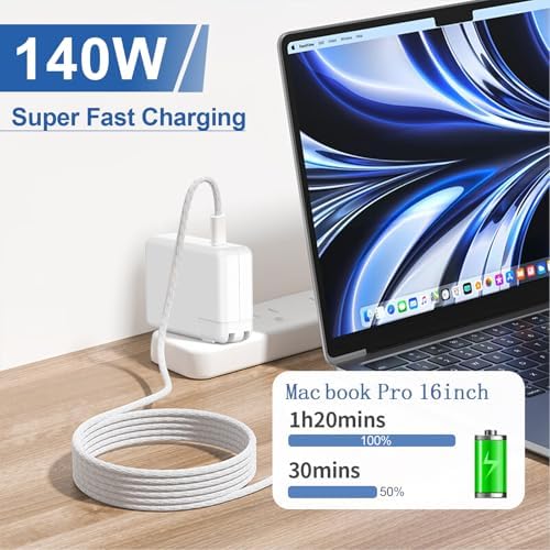 Powerful 140 W USB-C Charger for Mac Book Pro 14/16″ & Air 13/15″ (2021-2024) – Ultra-Fast Charging with 6.6 FT Braided USB-C to M3 Cable, Intelligent Battery Protection, LED Indicator, Premium Quality & 24-Month Warranty – Compatible with M1, M2, M3 Chips