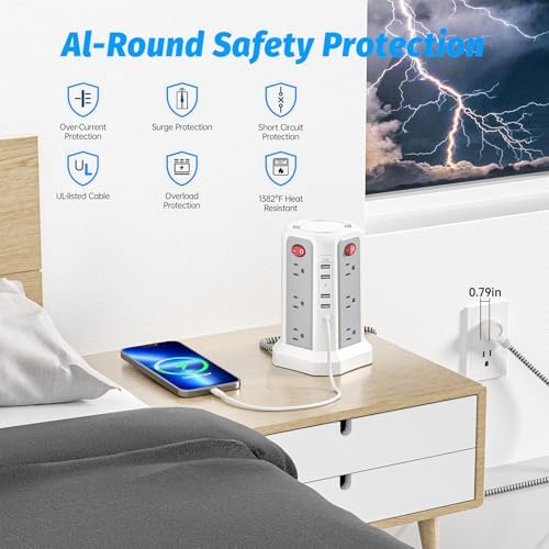 Revolutionize Your Charging Experience: 10 FT Surge Protector Power Strip Tower with 16 Outlets & 4 USB Ports – Efficient Desk Charging Station for Home, Office, or Dorm Room – Ultimate Space-Saving Solution with Robust 1625 W Power Output and Enhanced Safety Features