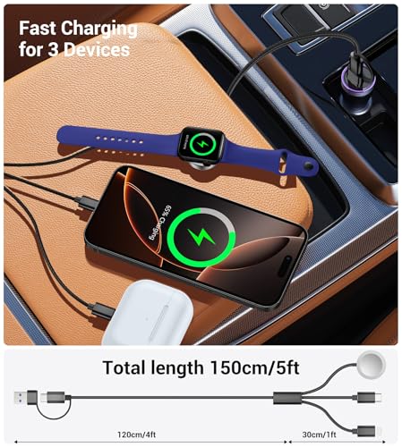 Temdan 2-Pack 5 ft 3-in-1 Charging Cable for Apple Devices – Ultimate Travel Solution with USB A, Type C & Lightning Connectors for i Phone 12-16, i Pad, and Apple Watch Ultra & SE – Durable, Versatile, and Hassle-Free Power Anywhere