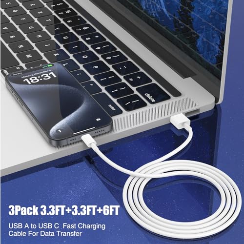 6 FT USB A to USB C Carplay Charging Cable – 3-Pack for i Phone 15/16, i Pad Pro/Air/Mini, Samsung Galaxy S25/S24/S23, and Mac Book – Fast Charging & High-Speed Data Transfer for Enhanced Compatibility on the Go