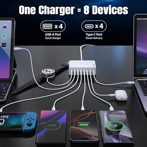 Transform Your Charging Game with the 200 W Ga N III 8-Port USB-C Fast Charger – The Ultimate Power Hub for i Phone 16/15, Mac Book Pro/Air, Dell Laptops & Steam Deck – Experience PD 65 W & QC4.0 Fast Charging for Home, Office, and Travel – Compact, Efficient Design for On-the-Go Use