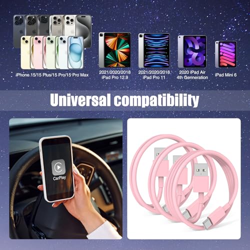 6 FT USB A to USB C Carplay Charging Cable – 3-Pack for i Phone 15/16, i Pad Pro/Air/Mini, Samsung Galaxy S25/S24/S23, and Mac Book – Fast Charging & High-Speed Data Transfer for Enhanced Compatibility on the Go
