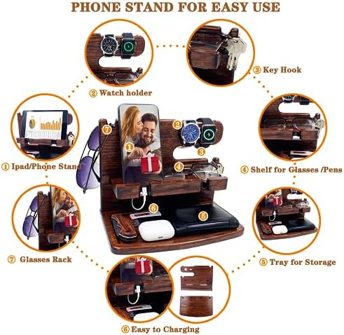 Gifts for Men Women Dad Husband Boyfriend Wood Phone Docking Station Nightstand Organizer for Men Birthday Gifts (Dark Brown) – Enhanced Compatibility and Speed