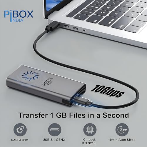 High-Speed Pibox India NVMe M2 Enclosure with Fan – USB 3.2 10 Gbps Tool-Free SSD Adapter for 2230/2242/2260/2280 M & B&M Keys – PCI-E NVMe Reader with Enhanced RTL9210 Performance and Heat Dissipation Solutions
