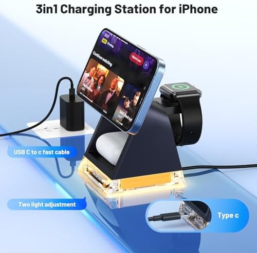 Ultimate 3-in-1 Magnetic Wireless Charging Dock for Apple Devices – Fast 15 W Qi-Certified Charger for i Phone 16/15/14/13/12, Apple Watch Series, and Air Pods – Compact, Durable Design with Non-Slip Base for Effortless Charging on the Go – Perfect Travel Companion for All Your Essential Apple Gadgets
