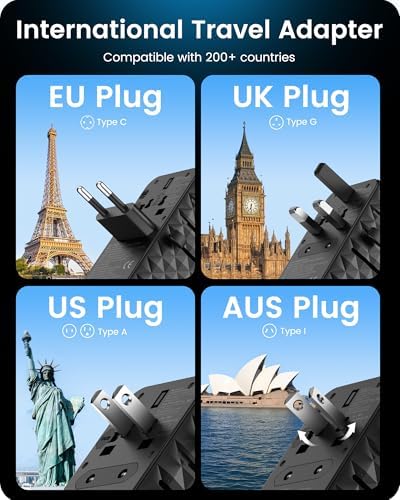85 W Universal Travel Power Adapter with Retractable USB-C Cable – Optimal Fast Charging Hub for Global Use, Featuring 4 Ports for Seamless Connectivity in US, EU, UK & Beyond, Engineered for On-the-Go Professionals Seeking Efficiency and Versatility