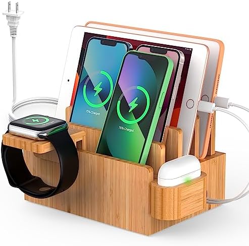 Eco-Friendly Bamboo 5-Port USB Charging Station: Versatile Multi-Device Organizer with Smartwatch and Earbuds Stand for Efficient Power Management – Perfect for Home and Office Use