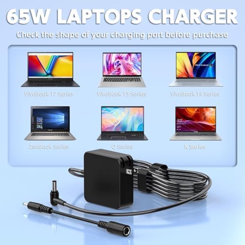 65 W Universal Laptop Charger for Asus Models – Fast Charging Compatibility with Q551, X551, X555, U56 & More – Reliable Power Supply with Safety Features for Enhanced Device Performance – Perfect Replacement for ADP-45 BW, PA-1650-78 & More – 365 Days Customer Support Included