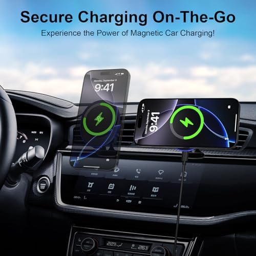 15 W Magnetic Car Mount Wireless Charger – Fast Charging for Samsung Galaxy S25 Ultra & i Phone 16 Series – Air Vent Auto Holder with Enhanced Stability & Compatibility – Effortless Navigation & Safety on the Road