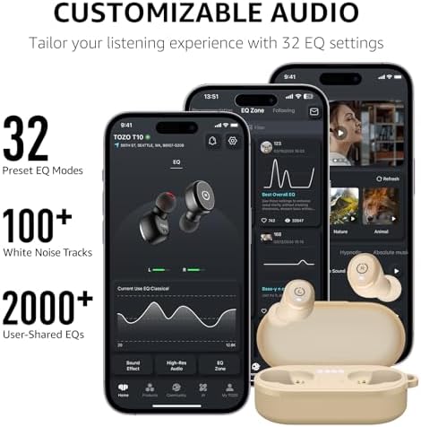 TOZO T10 Wireless Earbuds with Bluetooth 5.3 – Customizable EQ for Personalized Sound, Ergonomic Fit for Ultimate Comfort, 55 Hours Playtime, IPX8 Waterproof Rating, Wireless Charging Case – 2025 Enhanced Audio Experience for Active Lifestyles