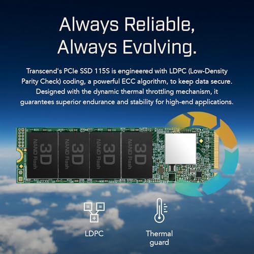 Elevate Your Computing Experience with the Transcend 256 GB M.2 2280 SSD – Achieve Lightning-Fast Speeds of Up to 1,600 MB/s for Seamless Gaming and Multitasking, Featuring PCIe NVMe Gen3 x4 Compatibility, 3 D TLC NAND Technology for Enhanced Durability, and Intelligent LDPC Error Correction for Unmatched Data Integrity. Perfect Upgrade for Ultrabooks, Laptops, and Desktops!