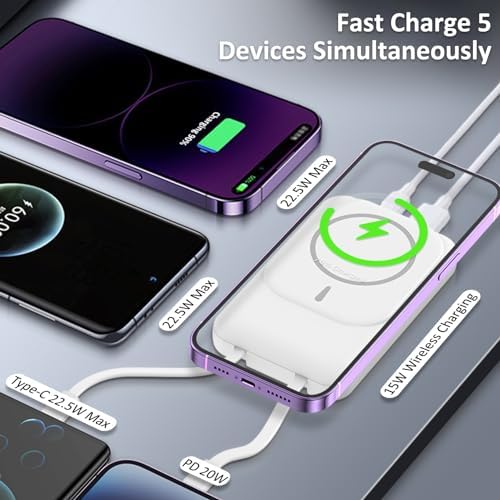 Gladgogo 10000 m Ah Wireless Magnetic Power Bank – Slim, Fast Charging Portable Charger for i Phone 15/14/13/12 Series with Built-In Cable, LED Display, and Integrated Stand – Ultimate On-The-Go Power Solution in Elegant White