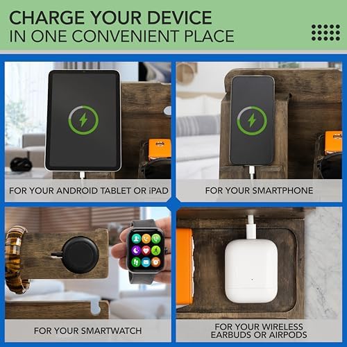 Nightstand Organizer – Bedside Docking Station for Men -Unique Gifts for Husband, Father or Dad from Wife, Son or Daughter -Desk Organizer for Phone, Watches & Accessories (Rustic) – Enhanced Compatibility and Speed
