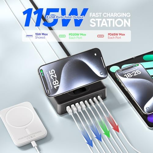 11-in-1 USB C Power Strip Charging Hub by ACOZVIN – 115 W Multi-Device Fast Charger with 2 AC Outlets, 4 USB-A & 4 USB-C Ports, 5 FT Flat Plug Cord for Mac Book, i Phone 16/15/14 – Ideal Desktop Solution for Home & Office Power Needs