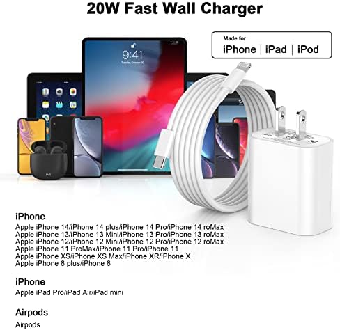 Ultimate 20 W MFi Certified i Phone Fast Charging Bundle – 4-Pack USB-C Wall Adapters with 6.6 FT Lightning Cables for Models 14, 13, 12, 11 Pro Max & More – Compact, Safe, and Efficient Charging Solution for Home, Office, or Travel