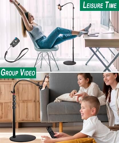 Phone Overhead Stand, Gooseneck Phone Floor Stand, Tall Video Cell Phone Mount with Height Adjustable Stand, Heavy Base, 360 Head, Works with iPhone 16, 16 Pro Max, 16 Plus, 15, 14, 13 – Enhanced Compatibility and Speed