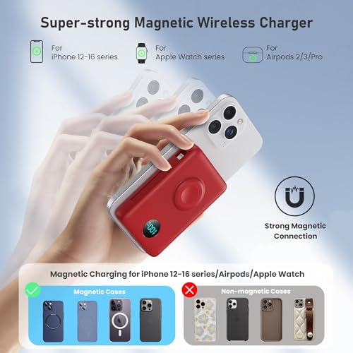 Revolutionary Magnetic Portable Charger for i Phone – 6-in-1 Power Bank with 10,800 m Ah Capacity, Built-in Cables, Apple Watch Charger, and LCD Display – 25 W PD Fast Charging for i Phone 16/15/14/13/12 and Mag Safe Compatibility – Ultimate On-the-Go Charging Solution