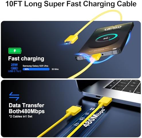 High-Speed 25 W Type C Wall Charger for Samsung Galaxy S25 Series – Includes Dual 10 FT USB-C Cables for Enhanced Flexibility and Safety – Lightning-Fast Charging with Compact Design for Travel Enthusiasts and Everyday Users