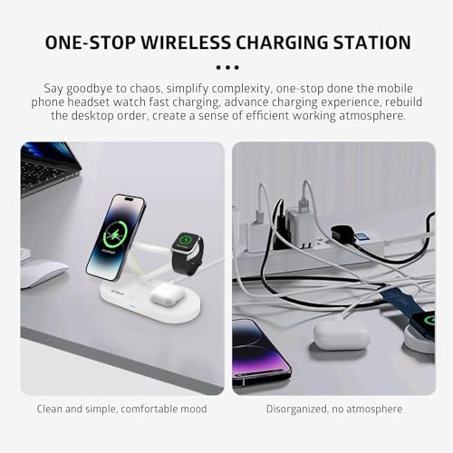 TOALLIN 5-in-1 Magnetic Wireless Charging Station with Night Light – Ultimate Fast Charging Dock for i Phone 12, 13, 14, 15 Pro Max, Air Pods & Apple Watch Series – Streamlined Design for Home & Office Use, Enhanced Compatibility & Convenience