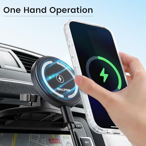 OHLPRO 15 W Mag Safe Car Mount Charger for i Phone 16 – Premium Fast Wireless Charging, Magnetic CD Slot Holder with 3 M Adhesive for Dashboard, Sleek Aluminum Design, Compatible with i Phone 16/15/14/13 Pro Max – Ultimate Driving Convenience and Stability