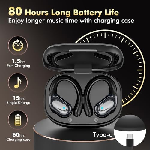 Revolutionary Bluetooth 5.3 Wireless Earbuds with Exceptional 80-Hour Playtime – IPX7 Waterproof Sport Headphones Engineered for Ultimate Noise Isolation and Secure Comfort – Ideal for Gym Enthusiasts and Outdoor Explorers – Striking Red Design – Unmatched Audio Performance for Active Lifestyles