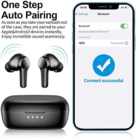 Premium Bluetooth 5.3 Wireless Earbuds – Hi-Fi Stereo Sound with IPX8 Waterproof Protection, Deep Bass Headphones Featuring Advanced Noise Cancelling with 4 Mics for Clear Calls, Perfect for i OS & Android – Ideal for Workout and Daily Use – Sleek Black Design