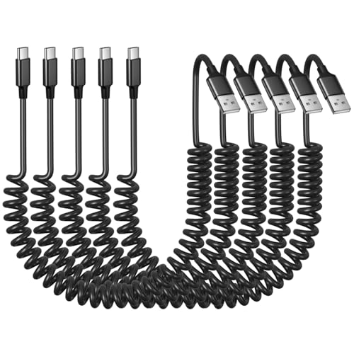 Bangfun Coiled USB C Cable for Car – 5 Pack of 5 FT Retractable Charging Cords, 3 A Fast Charging for i Phone 16, 15 Pro Max Plus & Galaxy S25, S24, A15, A55 – Tangle-Free Convenience for On-the-Go Power Needs, Durable Design for Enhanced Longevity
