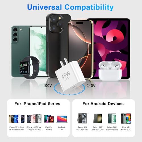 Experience Ultimate Charging Power: 45 W USB C Fast Charger Bundle for i Phone 16 & Galaxy S25 – Includes Dual 10 FT USB C Cables for Unmatched Convenience and Speed – Ideal for Home or Travel with Advanced Safety Features and Wide Device Compatibility