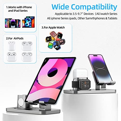 Revolutionize Your Charging Routine with the 180° Adjustable Phone Charger Stand Holder – 3-in-1 Docking Station for Apple Watch, Air Pods, i Pad, and Most Smartphones – Fast Charging & Elegant Gray Design for Enhanced Organization and Accessibility