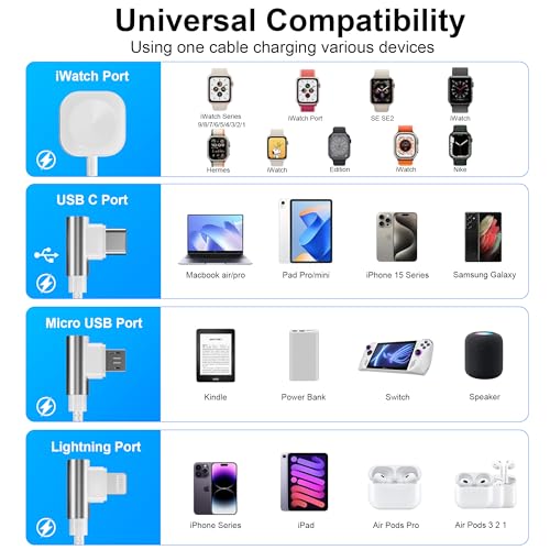 Revolutionary 4-in-2 Multi-Device Charging Cable: 100 W High-Speed USB-C Power Hub for i Phone, Apple Watch, i Pad, and Galaxy – 10 ft Length with Ergonomic 90-Degree Connector for Effortless Travel and Clutter-Free Charging – Your All-in-One Solution for Dynamic Tech Users!