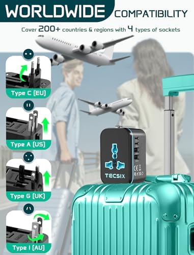 Global Travel Power Adapter with Dual USB-C & USB-A Ports – Compact 240 V AC Charger for International Use in EU, US, UK, AUS – Fast Charging Solution for Modern Travelers – Sleek, Lightweight Design (Black/Blue)