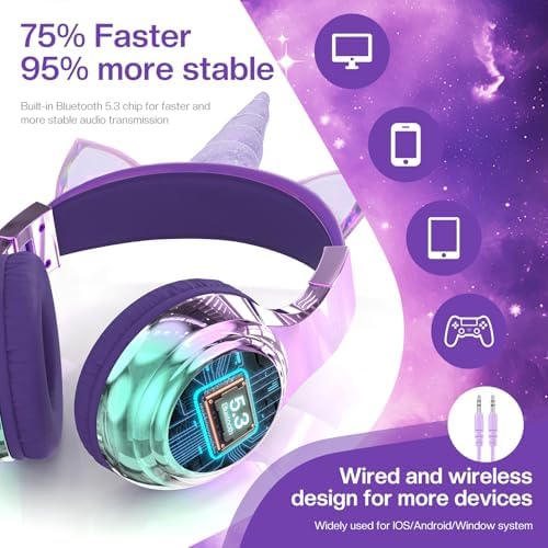 Elevate Your Child’s Listening Experience with Qear Fun Purple Cat Ear Bluetooth Headphones – 60 Hours of Playtime, Safe Volume Control (74/85/94 d B), Ultra-Portable Foldable Design, Advanced Bluetooth 5.3 Connectivity, and Built-in Mic for Girls – Perfect for School, Travel, and On-the-Go Fun