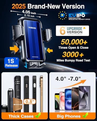 VANMASS 2025 Premium Car Phone Holder – Unmatched 85+ LBS Suction Power for Secure Hands-Free Navigation | Universal Compatibility with i Phone 16 Pro Max, 15, 14, 13 & Android Devices | Versatile Windshield, Dashboard & Air Vent Mount for Maximum Convenience | Durable Design Ensures Safe Driving Experience