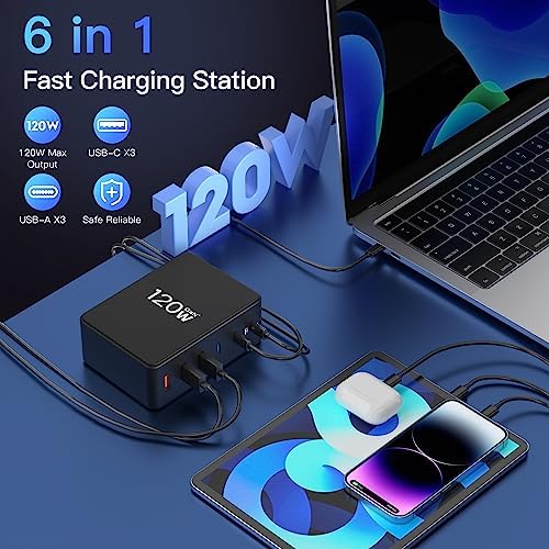 Zestiq Ga N 120 W 6-Port USB Charging Station – Rapid Multi-Device Power Hub with 3 USB-C (65 W) & 3 USB-A Ports for i Phone, i Pad, Samsung Galaxy, and More – Advanced Ga N Technology for Safe, Efficient Charging at Home or On-the-Go