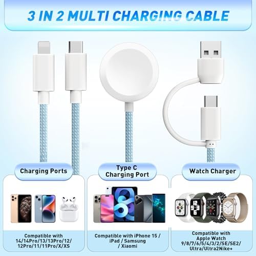 Ultimate 3-in-2 USB C Charging Cable for Apple Watch Ultra, SE & Series 1-8 – 4 FT Multi-Device Fast Charger in Stylish Gray – Sleek, Portable Solution for Effortless Power Anywhere – Streamlined Charging for Smartwatches and More