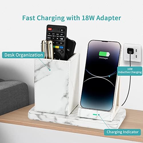 Sleek Marble Finish Wireless Charging Station with Desk Organizer – Fast Qi-Certified Charger for i Phone 13/12/11 Series, Effortless Device Power-Up & Luxurious Leather Accents for an Organized Workspace