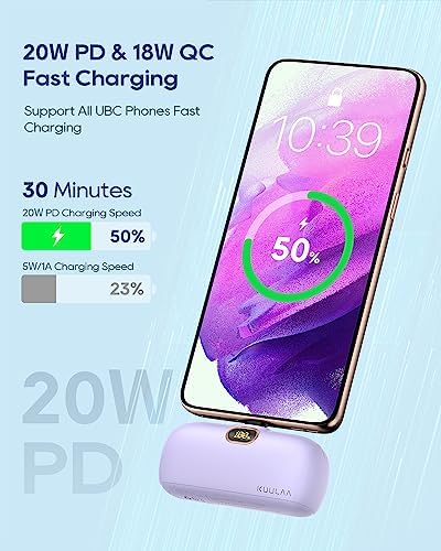 Kuulaa 5000 m Ah USB-C Power Bank with Built-in Plug – PD20 W Fast Charging Battery Pack for i Phone 15/16, Samsung S22/S23 & Android Devices – Compact Design with LCD Display for On-the-Go Convenience and Enhanced Compatibility